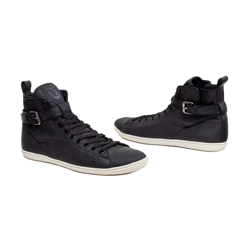 Louis Vuitton Falcon High Top Sneakers Black Leather LV Strap Trainers UK 8 US 9